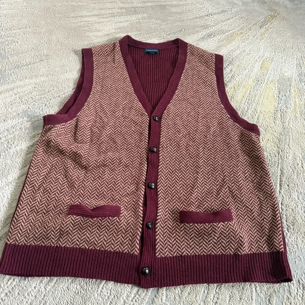 Lands' End sweater vest Burgundy red Herringbone Knit V Neck button font XXL